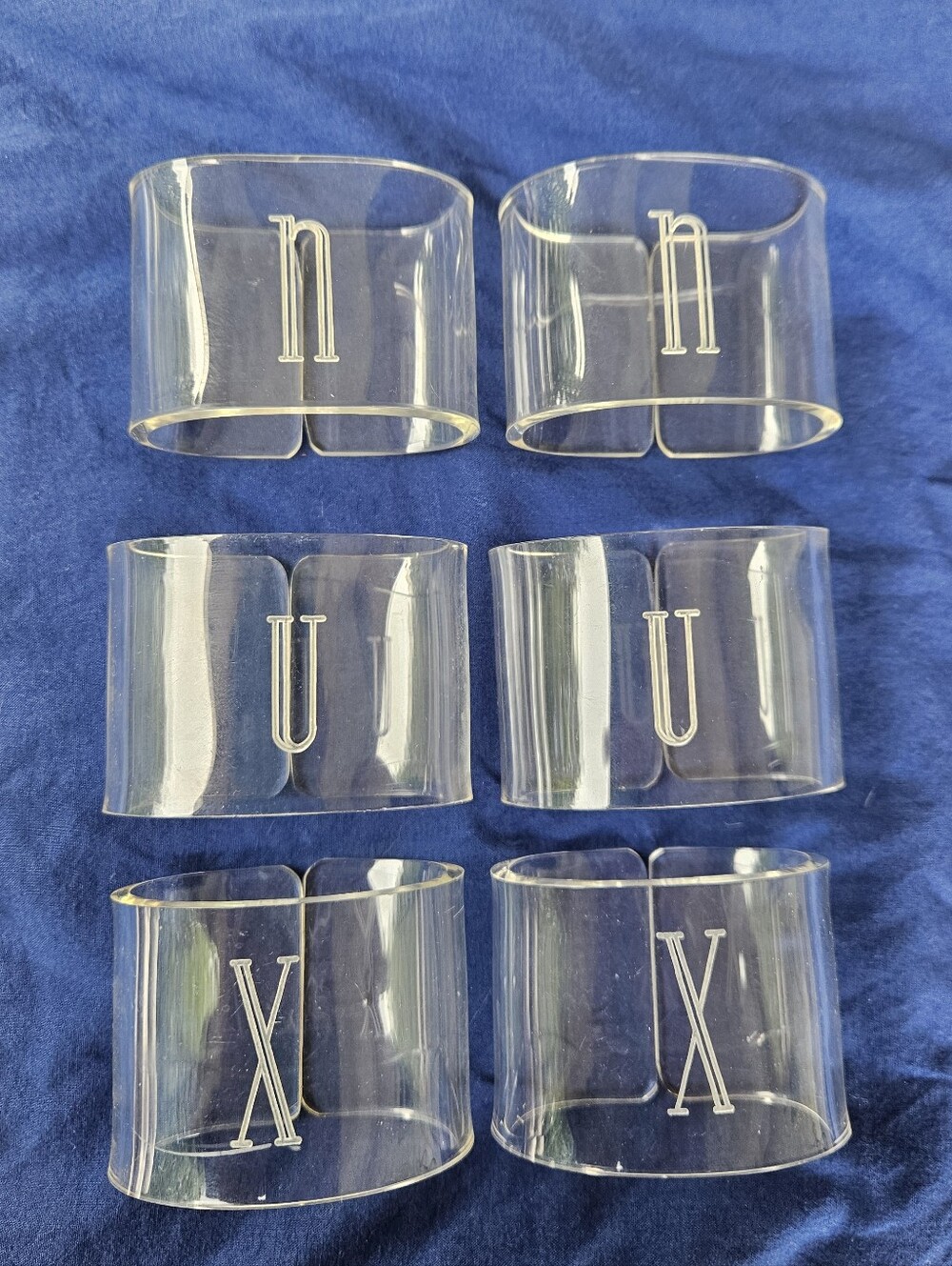 6 Vintage Lucite or Acrylic Napkin Rings Iitials N U and X